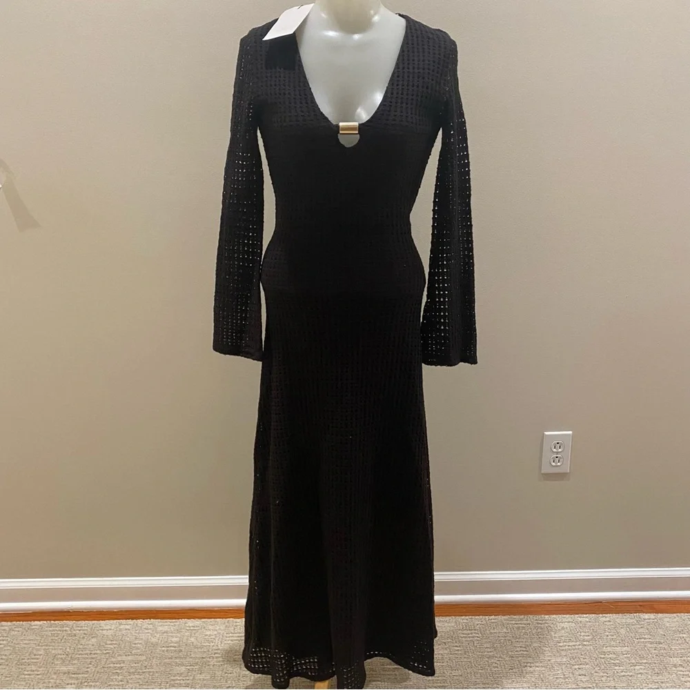 Zara NWT black open weave V-neck midi dress long sleeve gold accents size XS - Picture 2 of 15